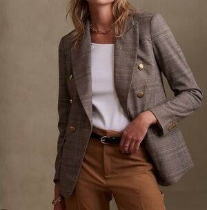 Banana Republic Double Breasted Plaid Gold Button Blazer Burgundy Stripe